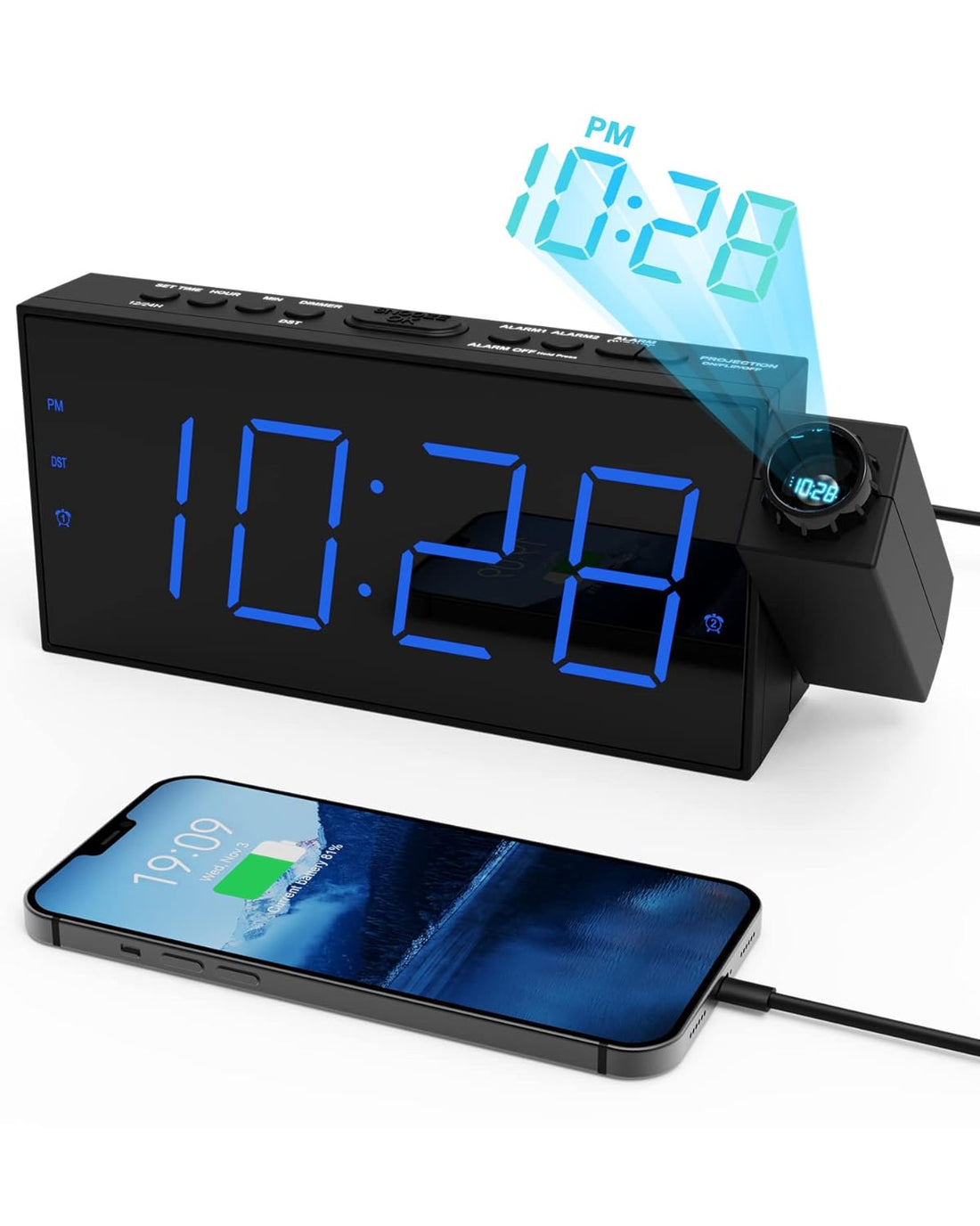 Projection Alarm Clock for Bedroom,LED Digital Clock Projection on Ceiling Wall with USB Phone Charging,Battery Backup,180°Projector& Dimmer,12/24H,DST,Snooze,Dual Loud Bedside Clock for Heavy Sleeper