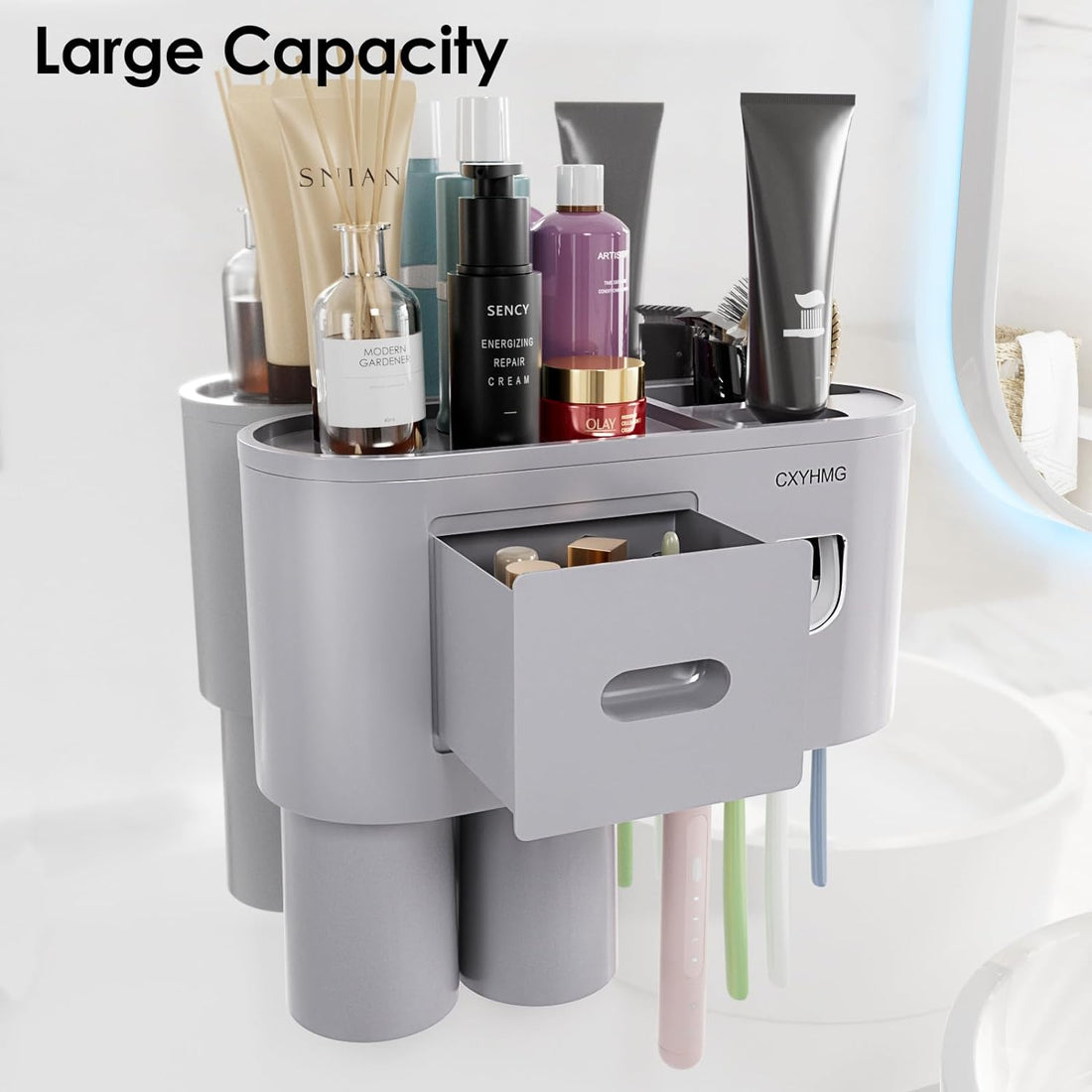 Toothbrush Holders for Bathroom, with Automatic Toothpaste Squeezer Dispenser, is Wall Mounted Bathroom Accessories Organizer, for Kids & Family Shower Decor. (Grey 2 Cup)