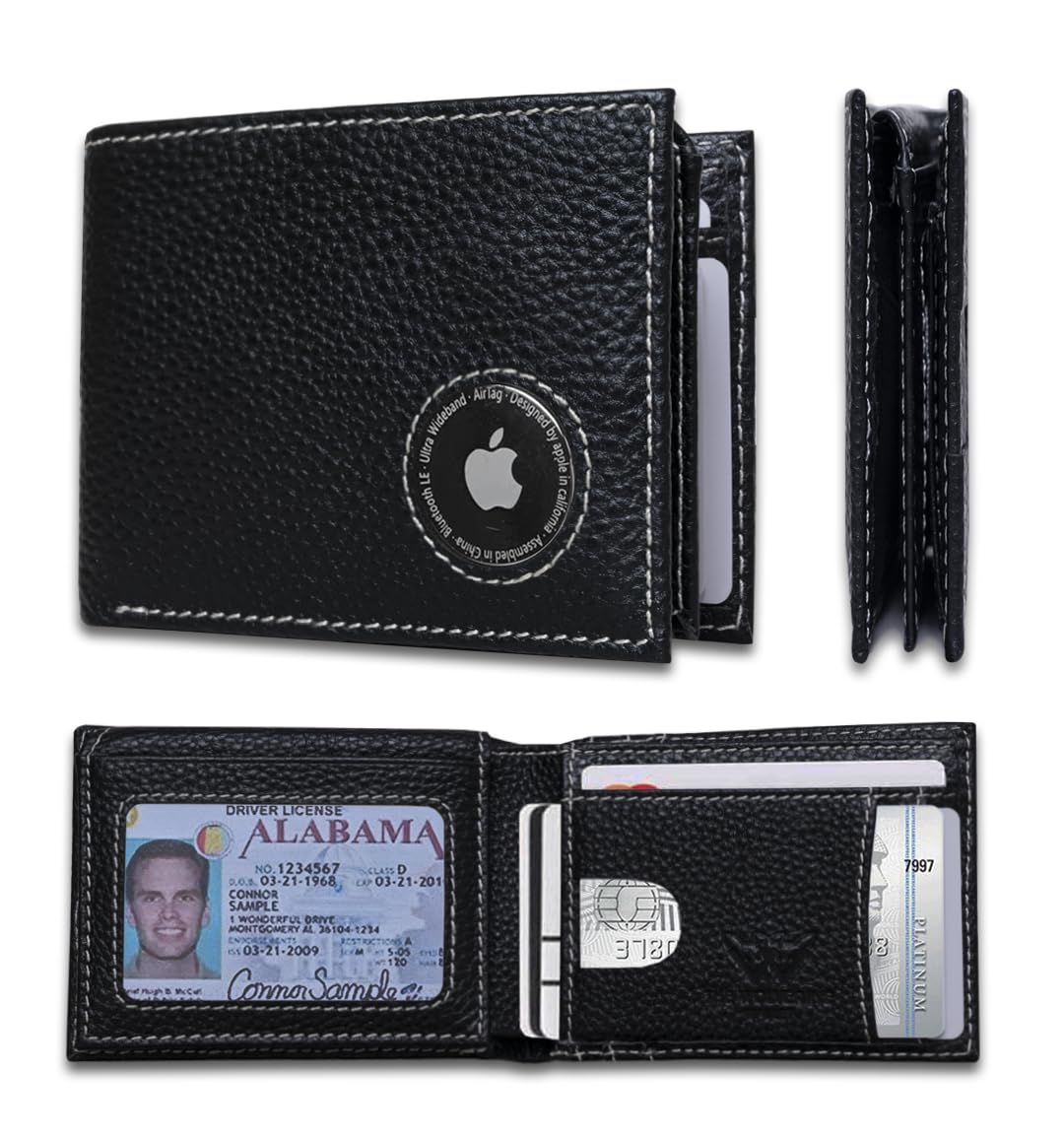 Apple AirTag Wallet for Men - Genuine Leather Bifold RFID Wallet with AirTag Holder, 11-20 Card Slots, Handcrafted Full Grain Leather, ID Window, RFID Blocking,Two money slots (Airtag Not Included), Jet Black, Handcrafted Bifold