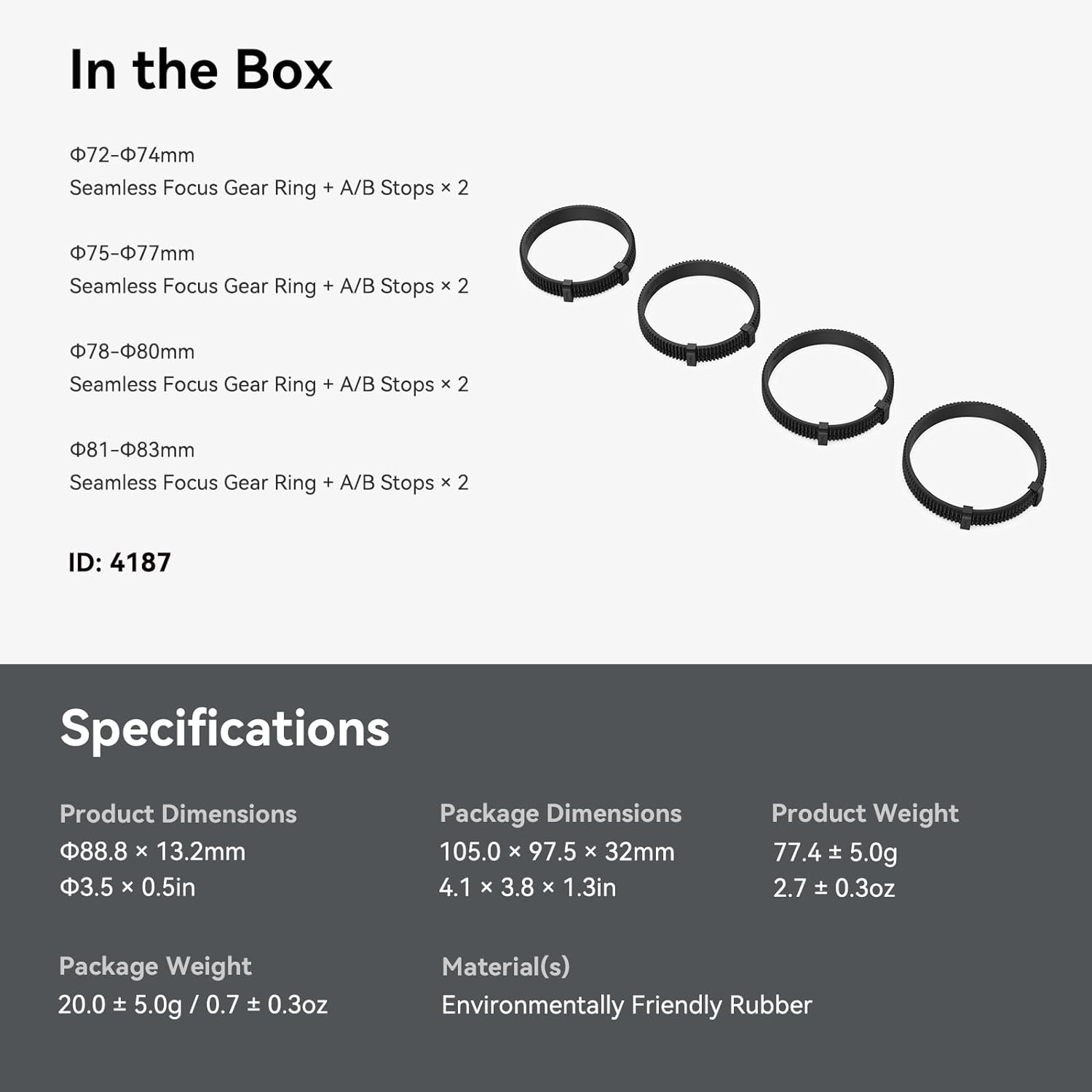 SmallRig 72-74mm / 75-77mm / 78-80mm / 81-83mm Seamless Focus Gear Ring Kit - 4187