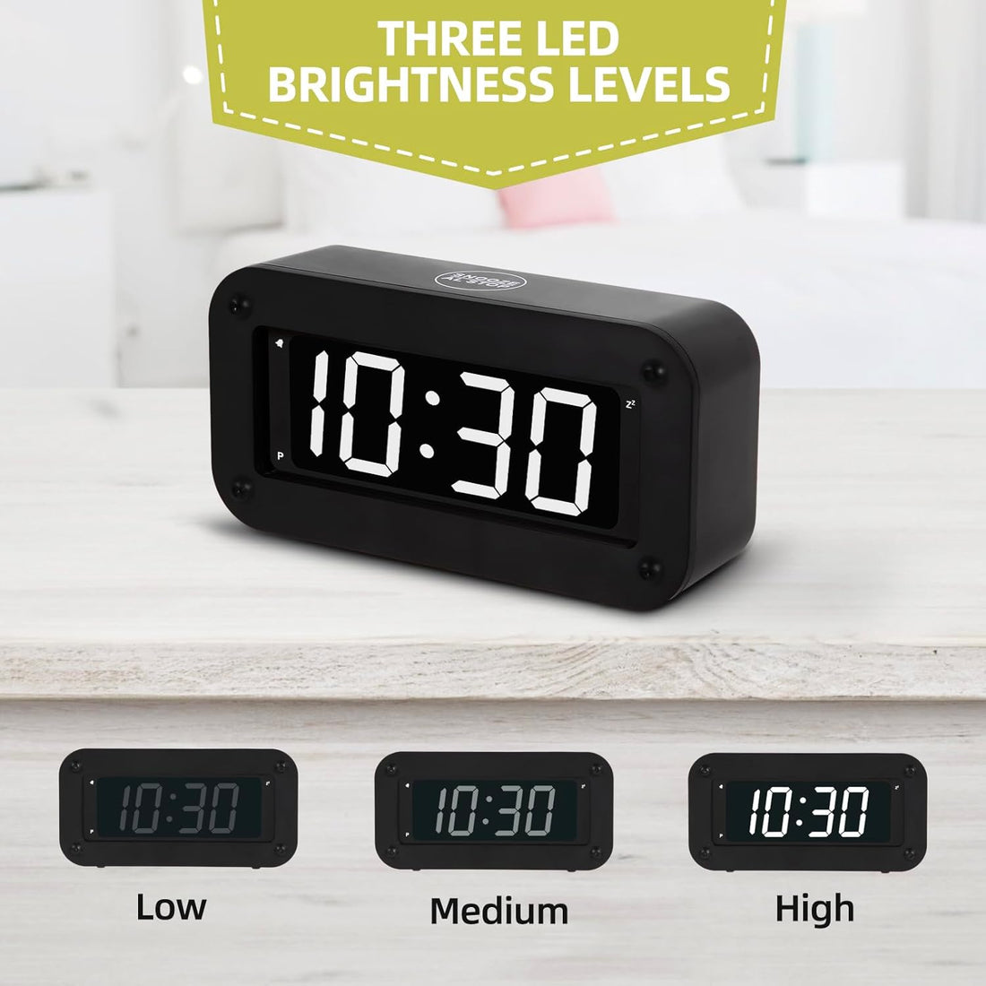 Timegyro Digital Alarm Clock Battery Operated with LED Display, Long Battery Life for 12 Months, Black Case with White Digits