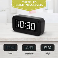 Timegyro Digital Alarm Clock Battery Operated with LED Display, Long Battery Life for 12 Months, Black Case with White Digits