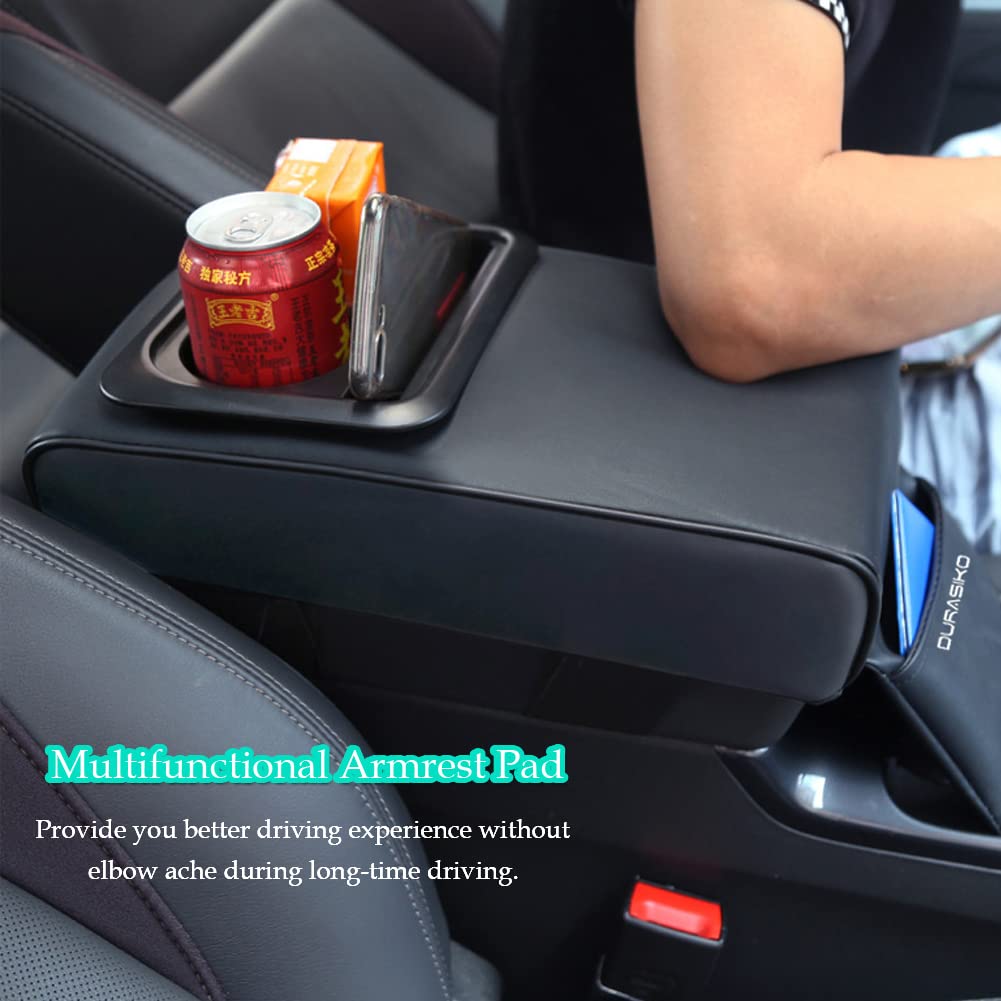 DURASIKO Car Center Console Pad with Front Storage Pocket for Phone,PU Leather Armrest Cushion with Cup Holder,Elbow Rest Pillow,Universal Car Armrest Seat Box Cover Protector for Most Vehicles