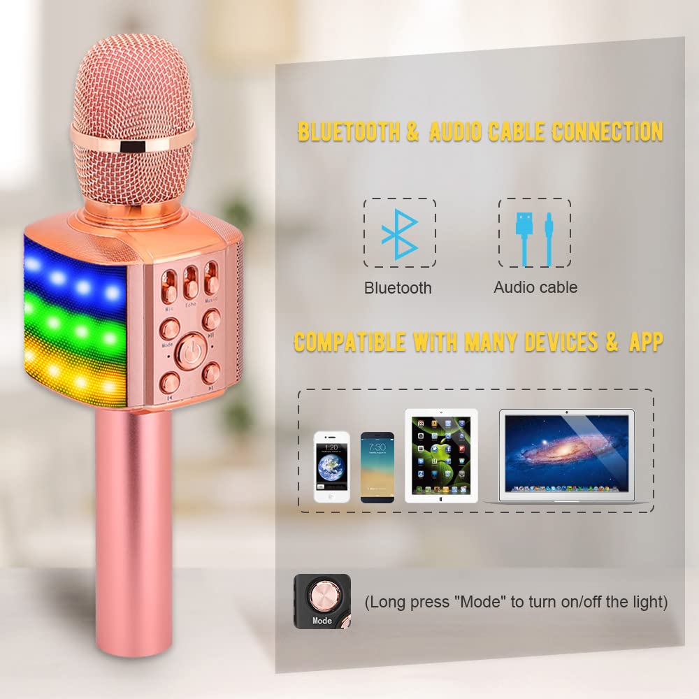 BONAOK Wireless Bluetooth Karaoke Microphone with controllable LED Lights,4 in 1 Portable Karaoke Machine Mic Speaker for All Smartphones, Birthday Holiday Party Gifts for Kids & Adults Q36 Champagne