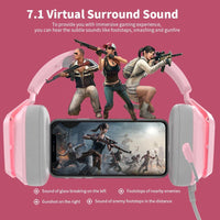 NACODEX AX368 USB Gaming Headset with 7.1 Stereo Surround Sound & LED Light, Retractable Noise Canceling Microphone, Over Ear Headphones with Comfortable Earmuffs for PC Laptop (Pink-Grey)