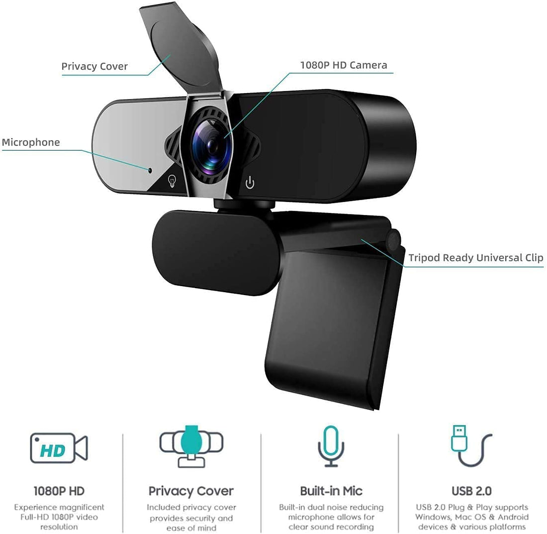 AHYBZN 1080P Business Webcam with Dual Microphone & Privacy Cover, [Upgraded] USB FHD Web Computer Camera, Plug and Play, for Zoom/Skype/Teams Online Teaching, Laptop MAC PC Desktop