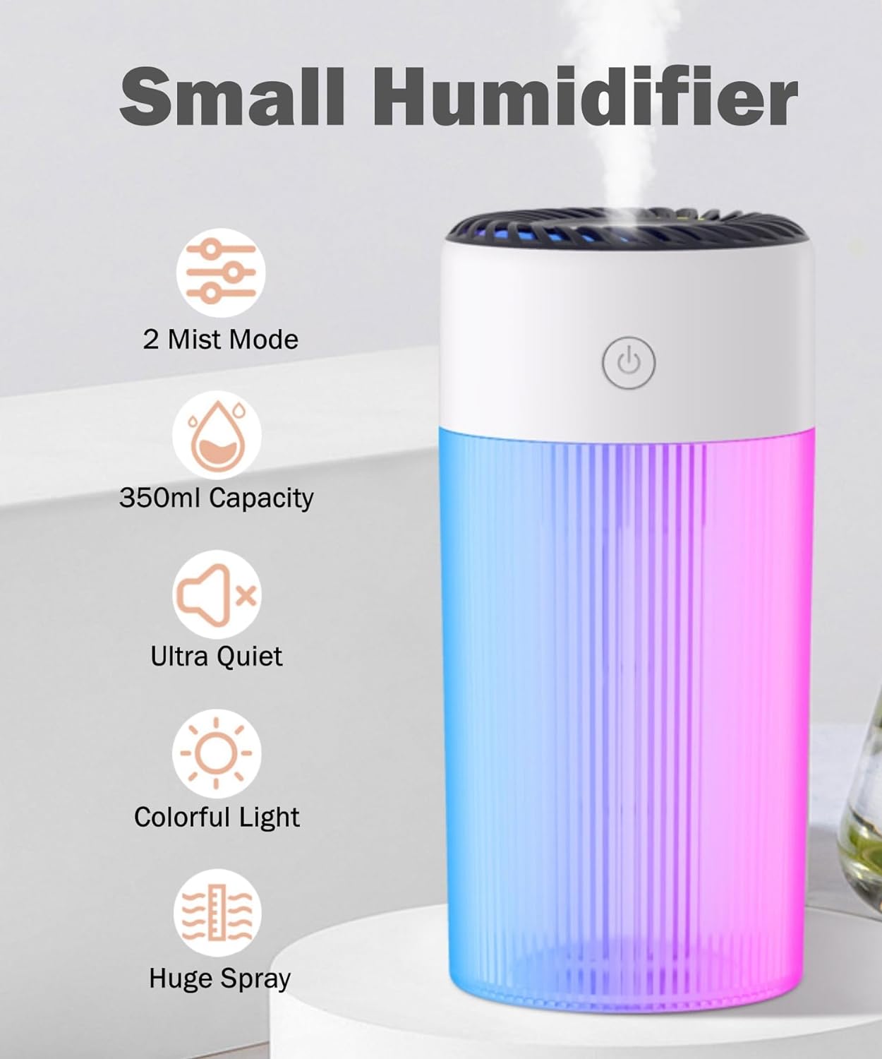 Mini Humidifier, 350ML Small Personal USB Cool Mist Humidifiers with Colorful Light, 2 Spray Modes, Auto Shut-Off, Ultra-Quiet Portable Air Humidifier for Car Home Bedroom Office Desktop (Clear)