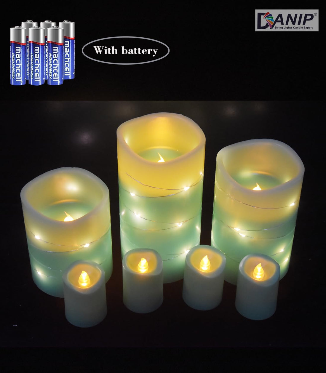 DANIP Green LED flameless Candle with Embedded Star String, 3+4-Piece Set of LED Candles, with 11 Button Remote Control, 24-Hour Timer Function, Flashing Flame, Real Wax, Battery Powered