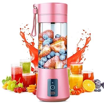 USB Portable Blender Juicer Cup, 3CPRECIOUS Fruit Juice mixer, Mini Portable Rechargeable Battery/Juicing Mixing Crush Ice Blender Mixer, 380ml (Pink)