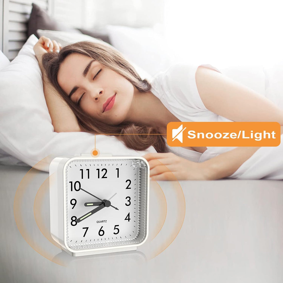 JXTZ Analog Alarm Clock, Bedside Clocks Battery Powered, Silent Non Ticking Travel Clock with Night Light, Snooze, Easy Set, Clock for Heavy Sleepers Kids Elder Travel Bedroom Office Gifts -White