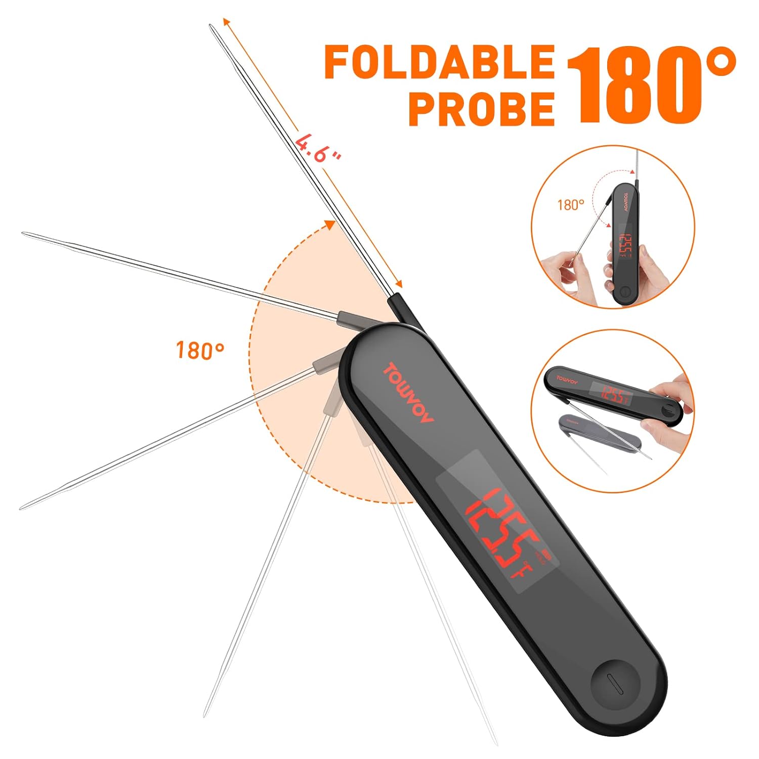 TOMVOV Instant Read Meat Thermometer, [IPX7 Waterproof / High Accuracy] Digital Meat Thermometer Reversible Display, 4.6" Foldable Probe, Rechargeable Grill Thermometer for Outdoor Cooking, BBQ