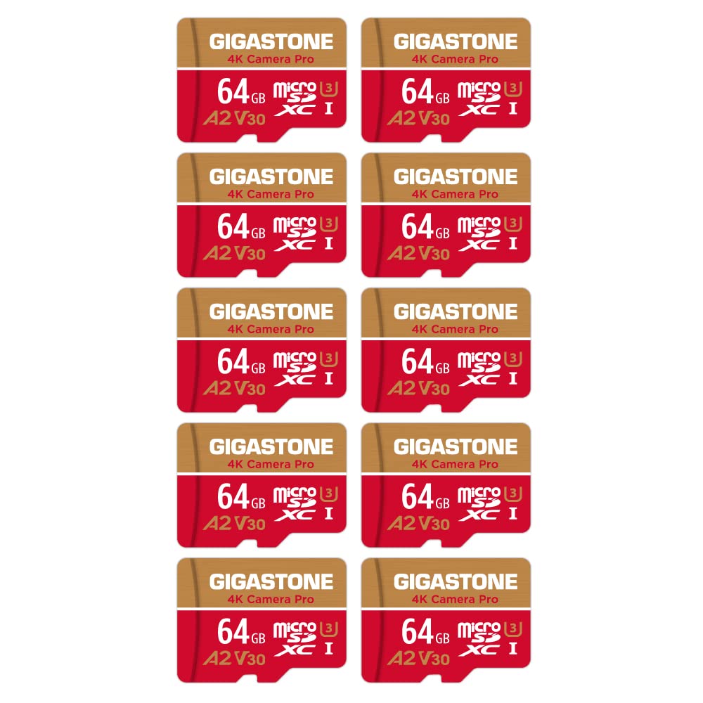 [Gigastone] 64GB Micro SD Card 10 Pack, 4K Camera Pro for GoPro, Security Camera, Wyze, DJI, Drone, Nintendo-Switch, R/W up to 95/35MB/s MicroSDXC Memory Card UHS-I U3 A2 V30