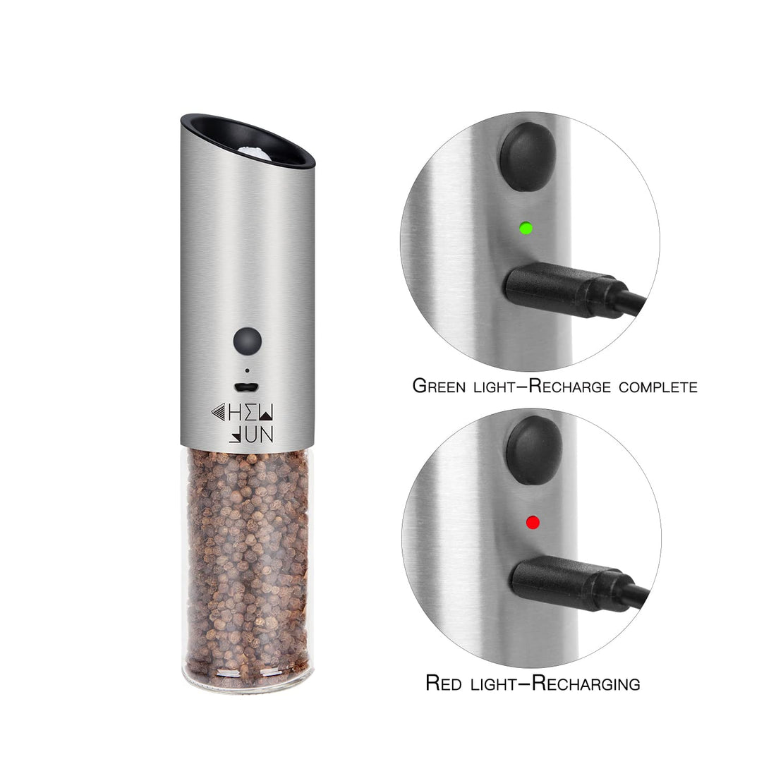 USB Rechargeable Electric Gravity Salt and Pepper Grinder Set with Adjustable Coarseness Automatic Pepper and Salt Mill with White LED Light,One Hand Operated,Brushed Stainless Steel by CHEW FUN
