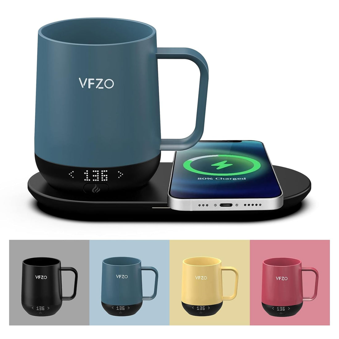 VFZO Temperature Control Smart Mug, Self Heating Coffee Mug LED Display, 180 Min Battery Life - Hot up to 149℉ Fast Wireless Charger Base Improved Design (12oz, Slate Blue)