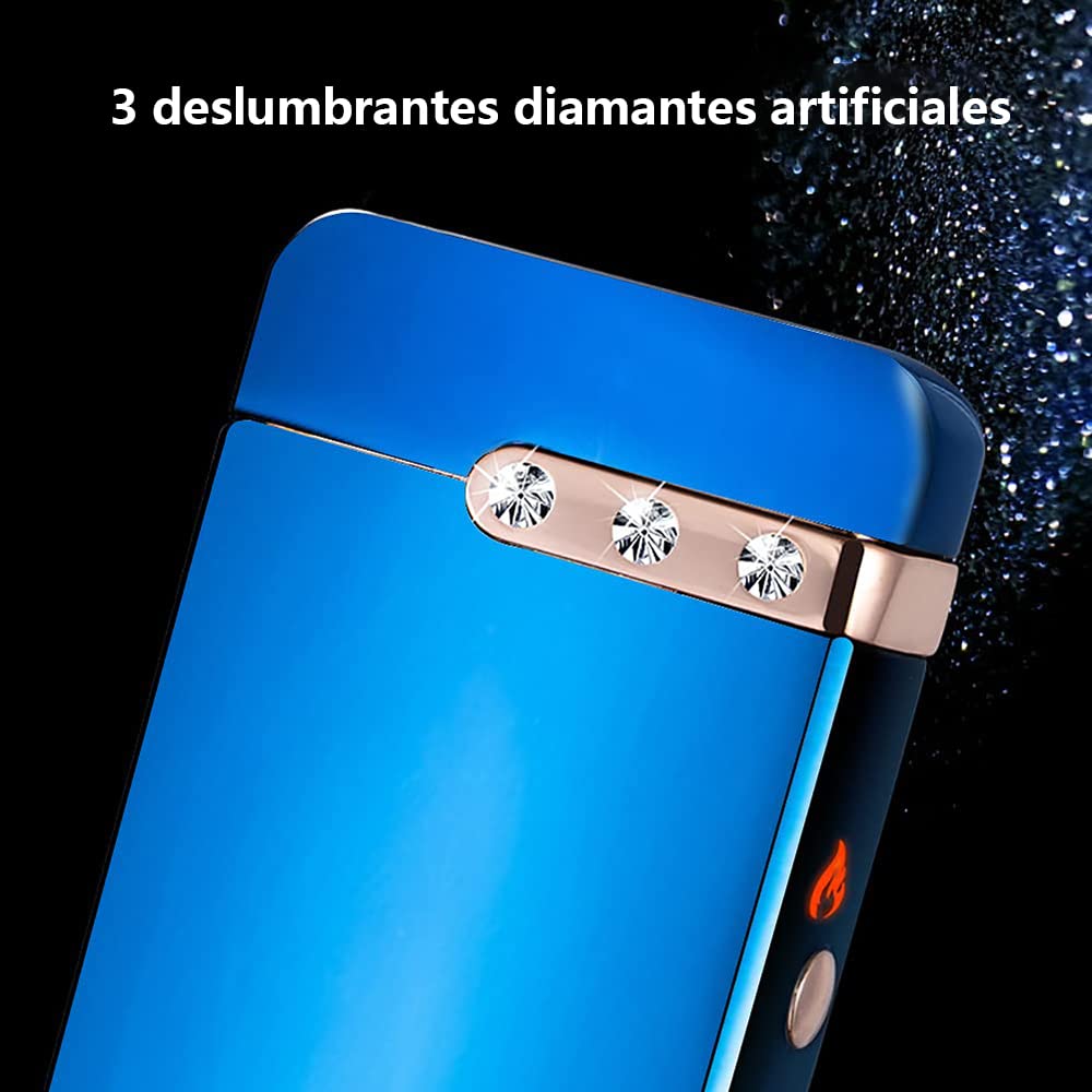 SKRFIRE Windproof Lighter, 3-Rhinestones-Sparkling Arc Flame Electric Lighter, Wearproof PVD Plating Lighter with Rhythmic Flashing Battery Indicator, Rechargeable USB Plasma Lighter (ICY Blue)