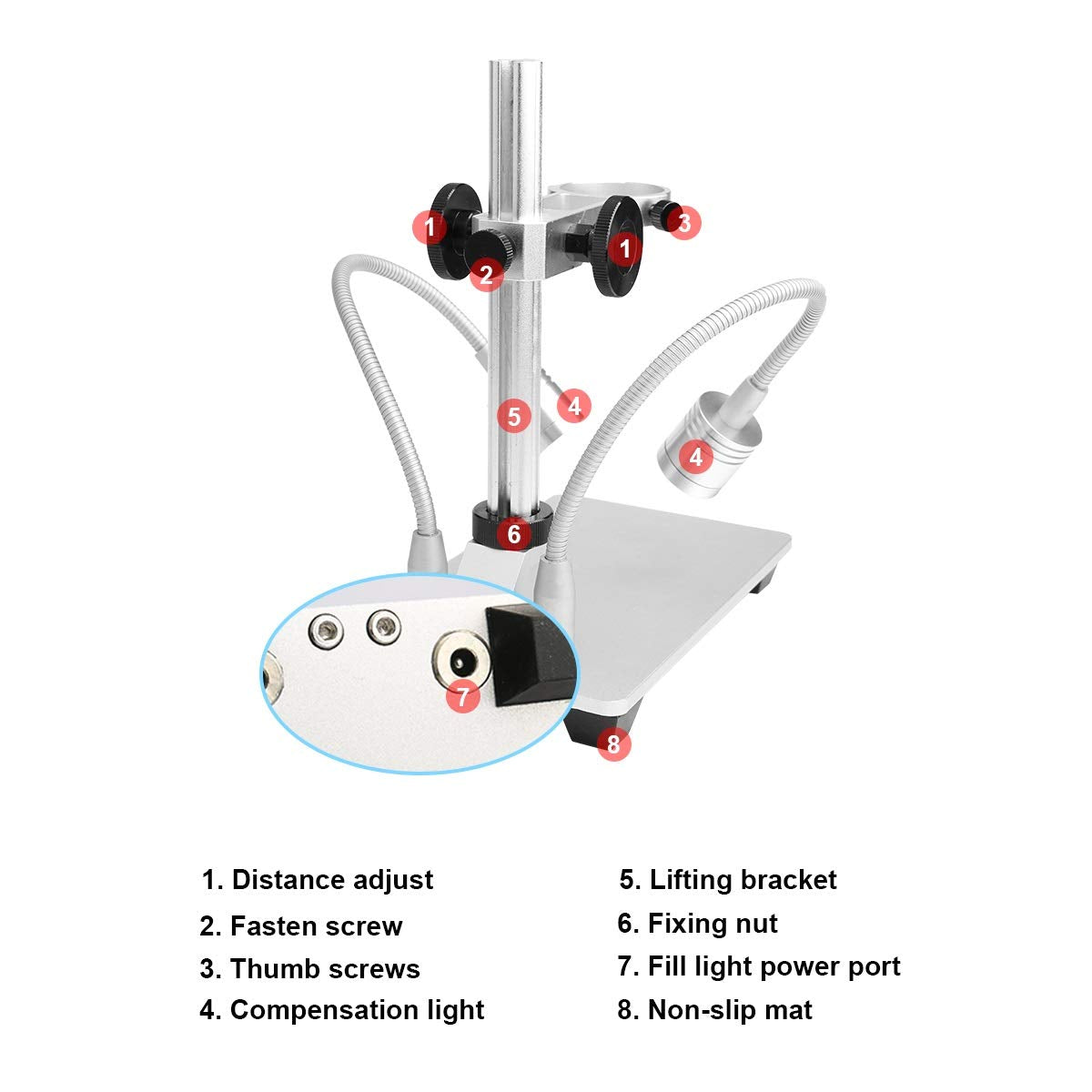 Jiusion Updated with 2 Lamps Aluminum Alloy Universal Adjustable Professional Base Stand Holder Desktop Support Bracket for Max 1.4" in Diameter USB Digital Microscope Endoscope Magnifier Loupe Camera