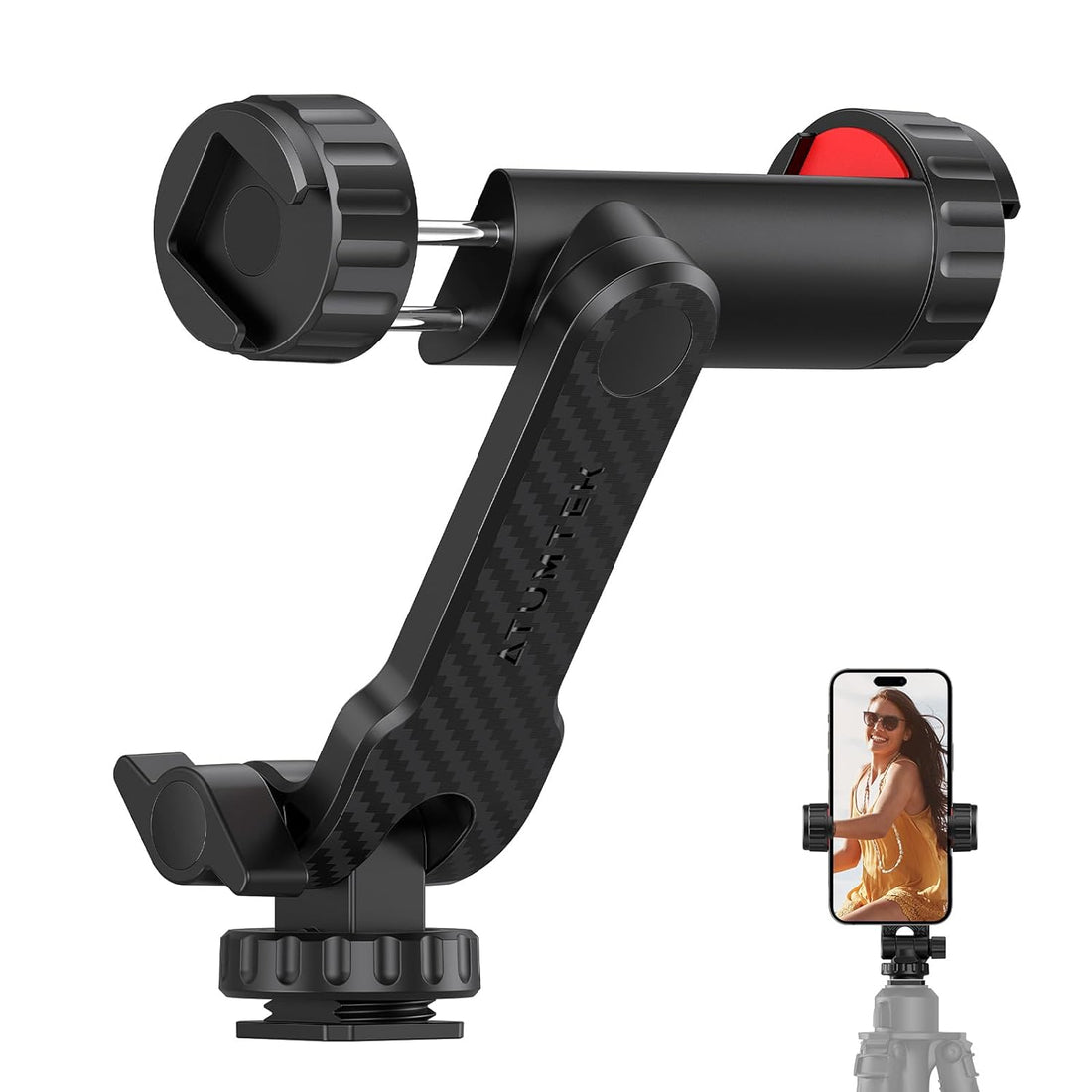 ATUMTEK Phone Tripod Mount, Universal Smartphone Mount Adapter with 2 Cold Shoe and 1/4" Standard Screw, 360° Rotates and 180° Tilts Adjustable Cell Phone Clamp Holder for Perfect Mobile Photography