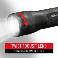 Coast G55R 1000 Lumen Pure Beam Focus USB-C Rechargeable Plus LED Flashlight, Black, Battery Included