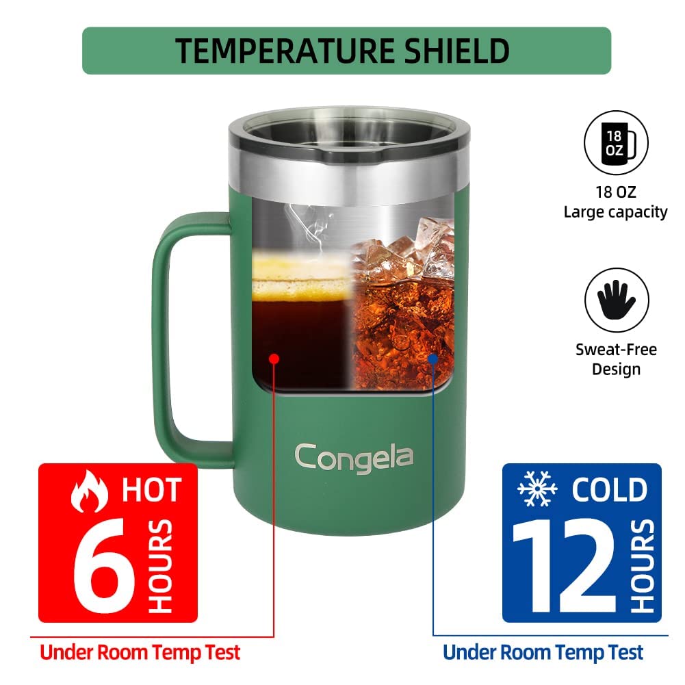 Congela 18oz Premium Stainless steel insulated coffee mug with handle, double wall insulated coffee mug, travel camping cup with Tritan lid, Green color(Forest, 18oz)