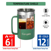 Congela 18oz Premium Stainless steel insulated coffee mug with handle, double wall insulated coffee mug, travel camping cup with Tritan lid, Green color(Forest, 18oz)