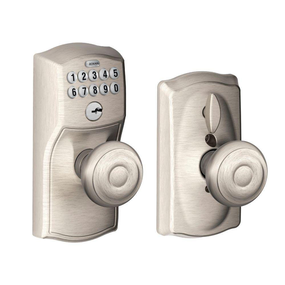 Schlage FE595 CAM 619 GEO Camelot Keypad Entry with Flex-Lock and Georgian Style Knobs, Satin Nickel