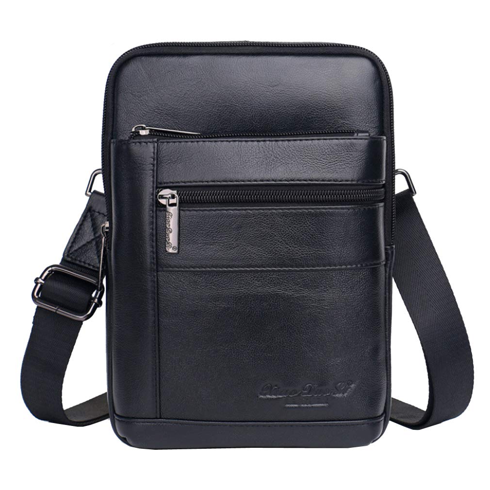 Hebetag Small Leather Sling Shoulder Bag Messenger Pack for Men Women Outdoor Travel Business, #05black(s), 17cm(W)x6cm(D)x24cm(H)(6.69x2.36x9.44") approx;