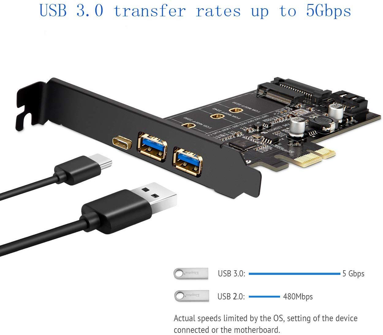 MZHOU PCI-E to USB 3.0 PCI Express Card incl.1 USB C and 2 USB A Ports,Adding M.2 NVME SATA III SSD Devices to a PC or Motherboard Using M.2 NVME to PCIe 3.0 Adapter Card with Low Profile Bracket