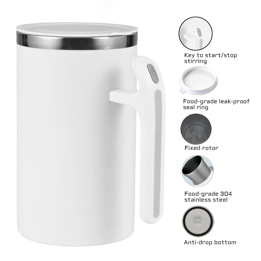 Automatic Electric Mixing Coffee Mug, Auto Self Stainless Steel Stirring Cup for Coffee, Milk, Cocoa and Other Beverages (White)