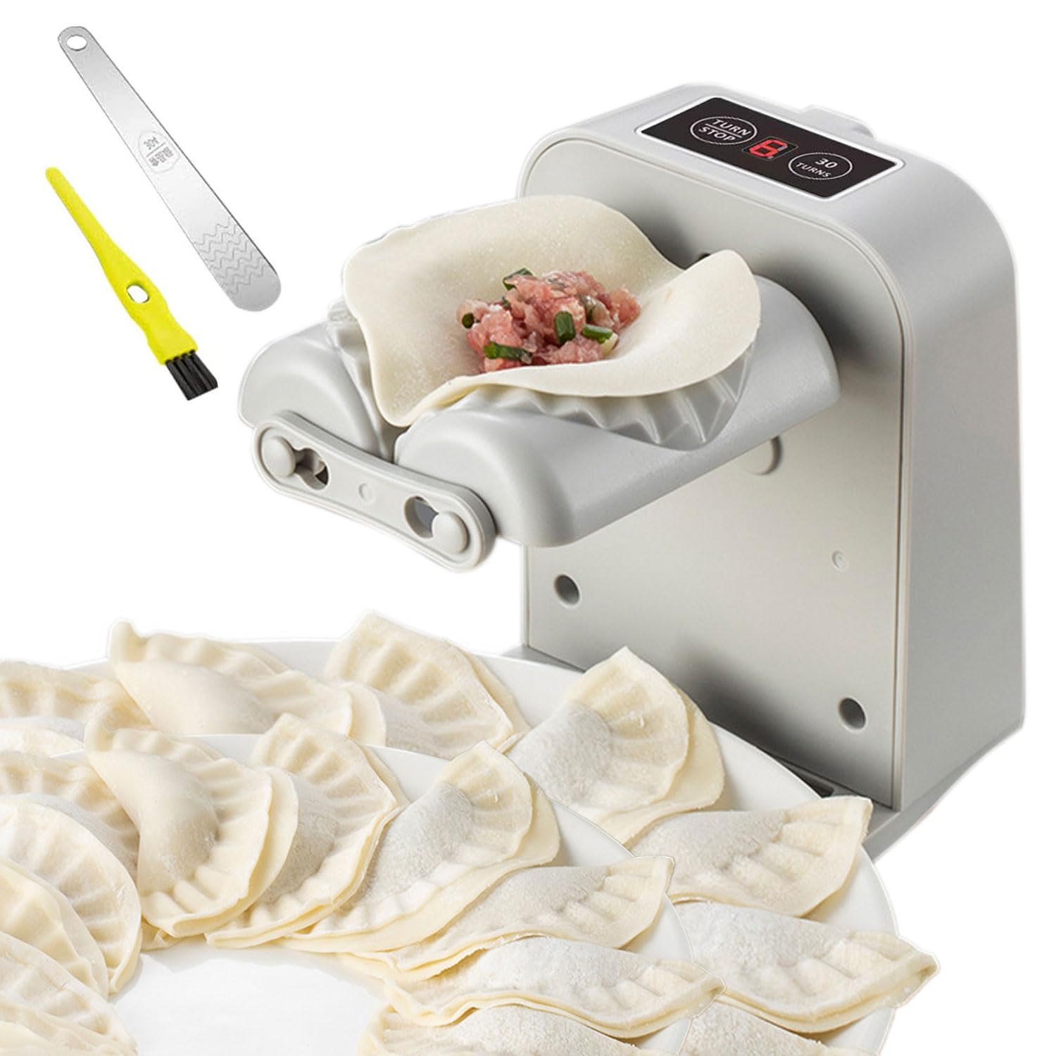 Automatic Electric Dumpling Press Maker Machine - Adjustable and Easy to Operate, With Spoon and Brush - For Home Kitchen Pastry Making (White)