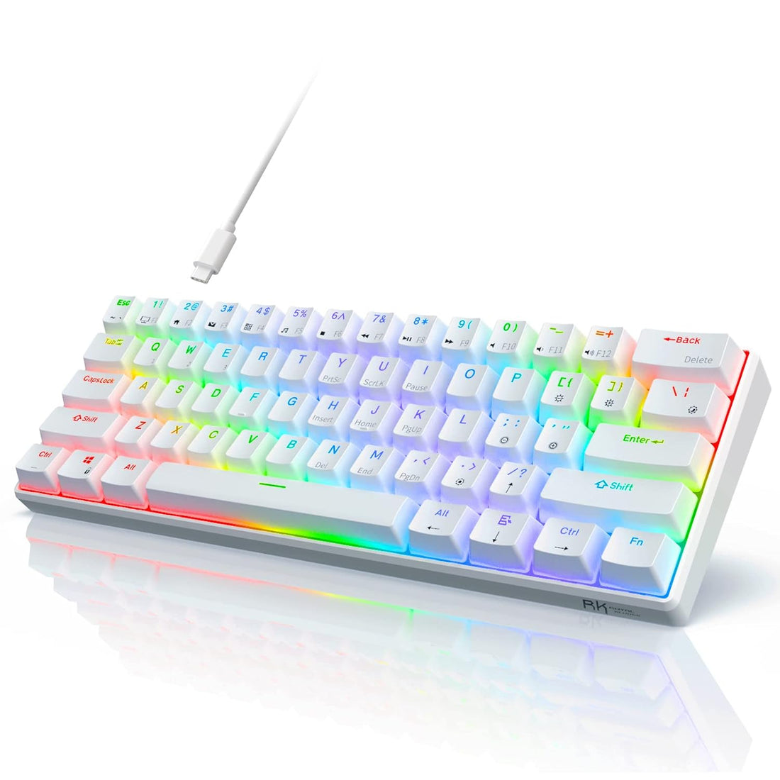 RK ROYAL KLUDGE RK61 Wired 60% Mechanical Gaming Keyboard RGB Backlit Ultra-Compact Blue Switch White