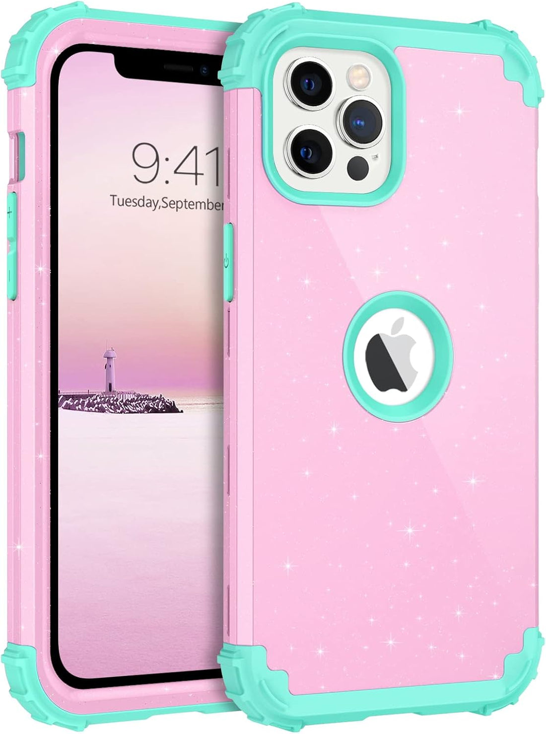 BENTOBEN iPhone 12 Pro Max Case, Phone Case iPhone 12 ProMax 6.7 Case, Sparkly Glitter Heavy Duty Rugged Shockproof Hybrid Hard PC Soft Rubber Bumper Drop Protective Girls Women Boy Cover, Pink/Mint