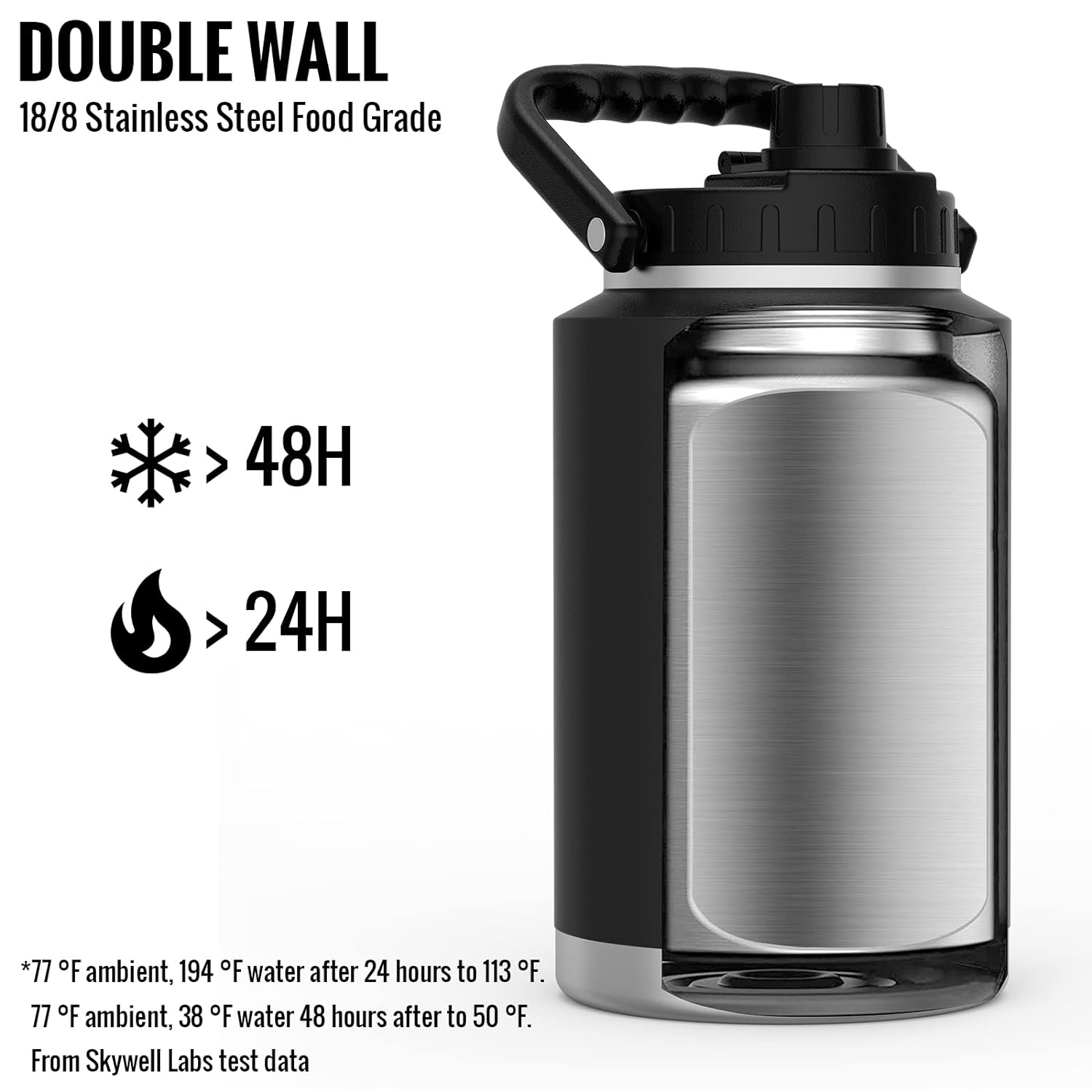 Skywell Insulated Water Bottle 1 Gallon Stainless Steel Water Bottle with Handle and Wide Mouth Water Flask Sweat-Proof and Leak-Proof 128oz Water Jug for Hiking Camping and Outdoors Black