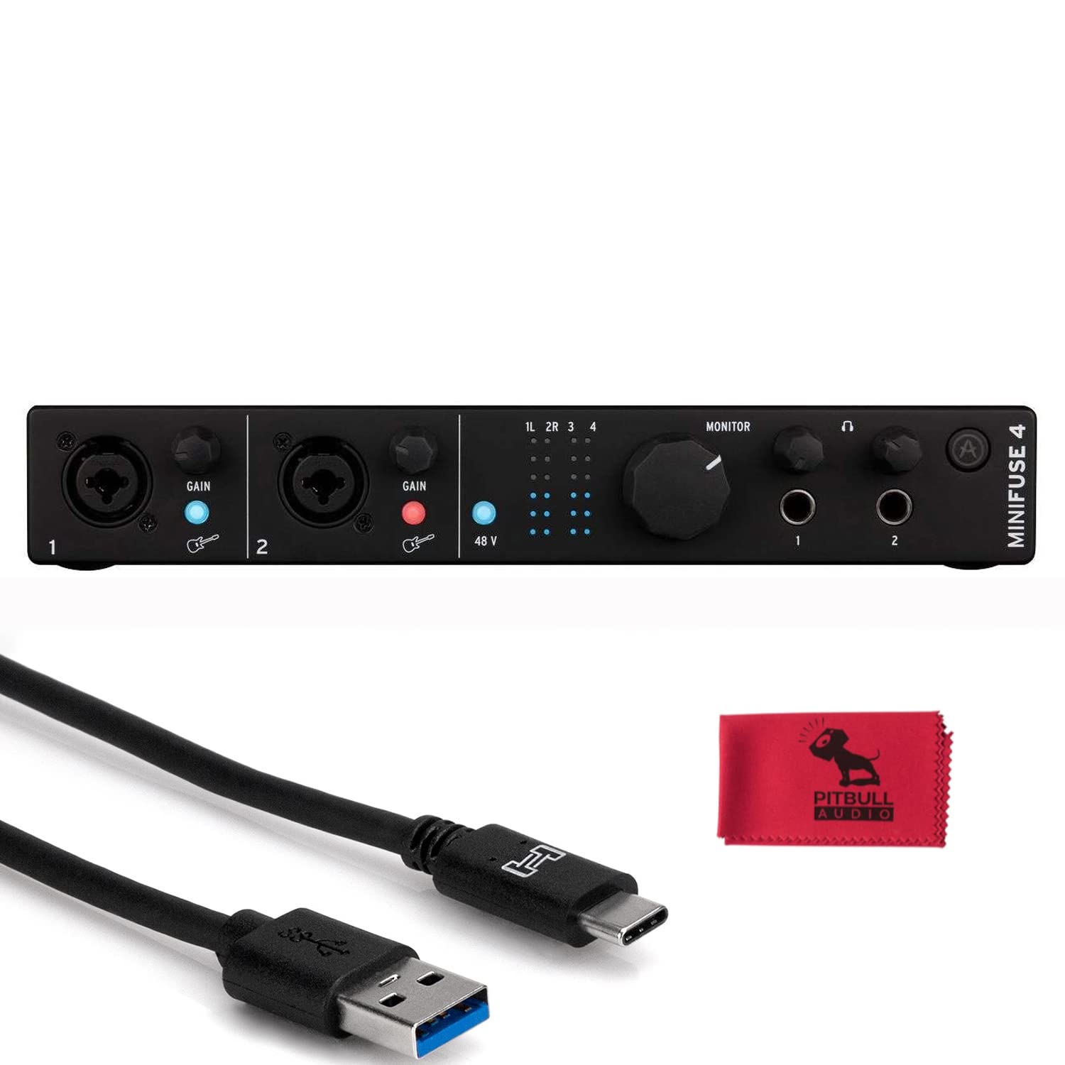Arturia MiniFuse 4 Black Desktop USB-C Audio & MIDI Interface w/USB Cable & Pitbull Audio Cloth