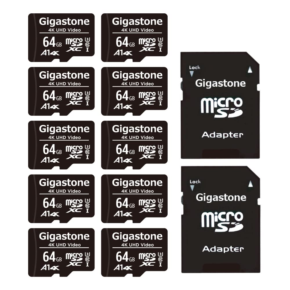 [Gigastone] 64GB Micro SD Card 10 Pack, 4K UHD Video, Surveillance Security Cam Action Camera Drone Professional, 90MB/s Micro SDXC UHS-I A1 Class 10, with Adapter