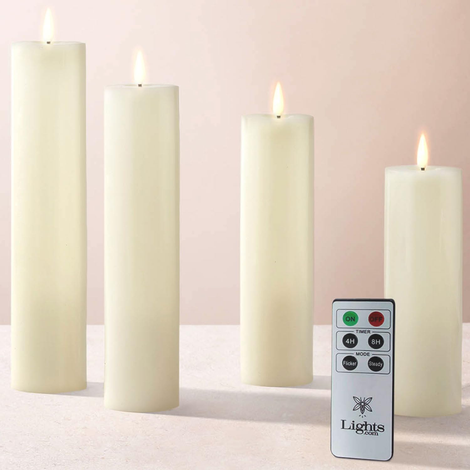 Flameless Pillar Candles, 2 Inch Diameter - 4 Pack, Remote Control and Batteries Included, Assorted Height, Flickering 3D LED Flame, Ivory Wax, Realistic Slim Pillar Candles for Valentines Day Decor