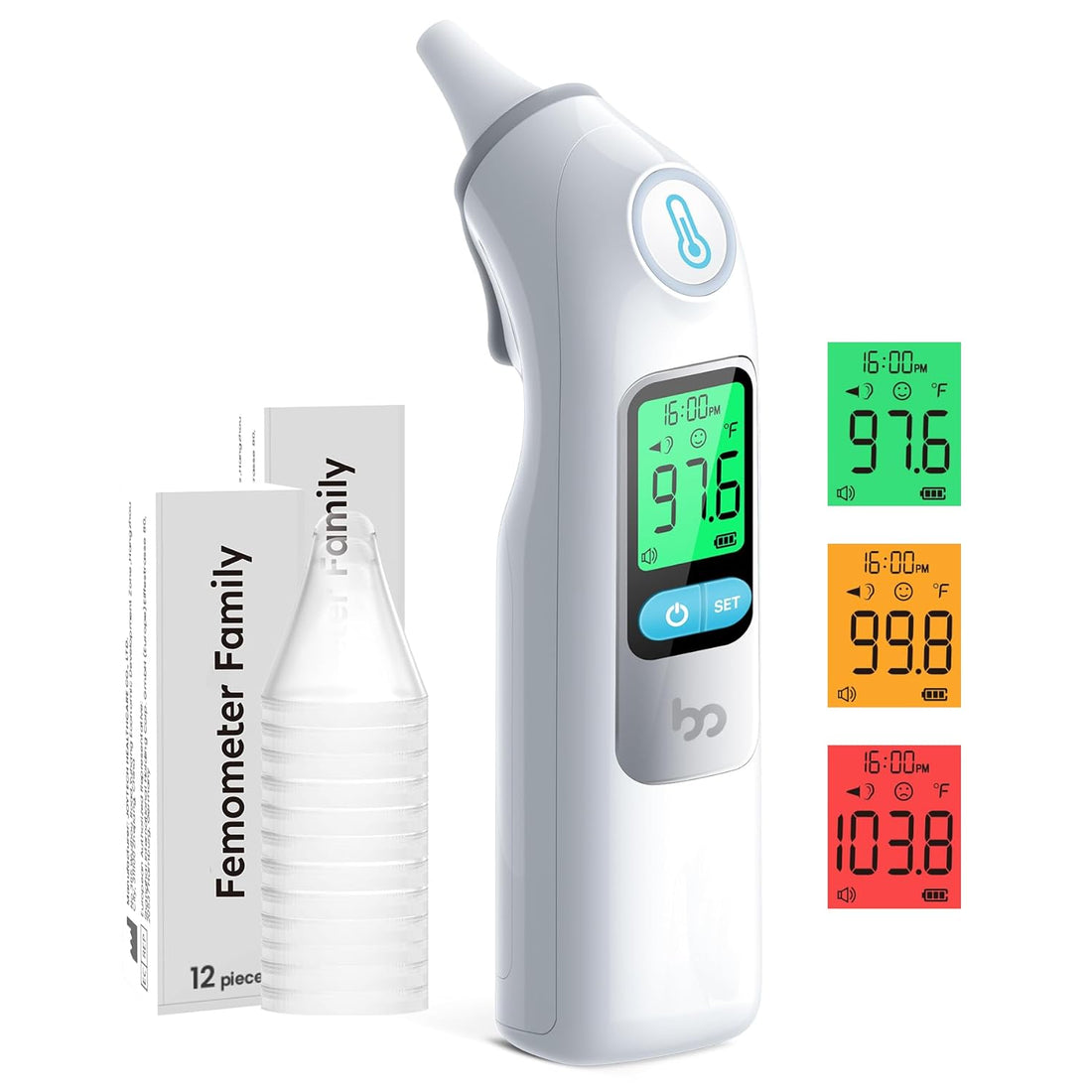 Femometer Family Ear Thermometer, Highly Accurate Ear Thermometer for Kids, Adults and Babies, 30 Memory Recall, 1s Result and 3-Color Fever Alert, with Disposable Probe Covers, Home & Office Use