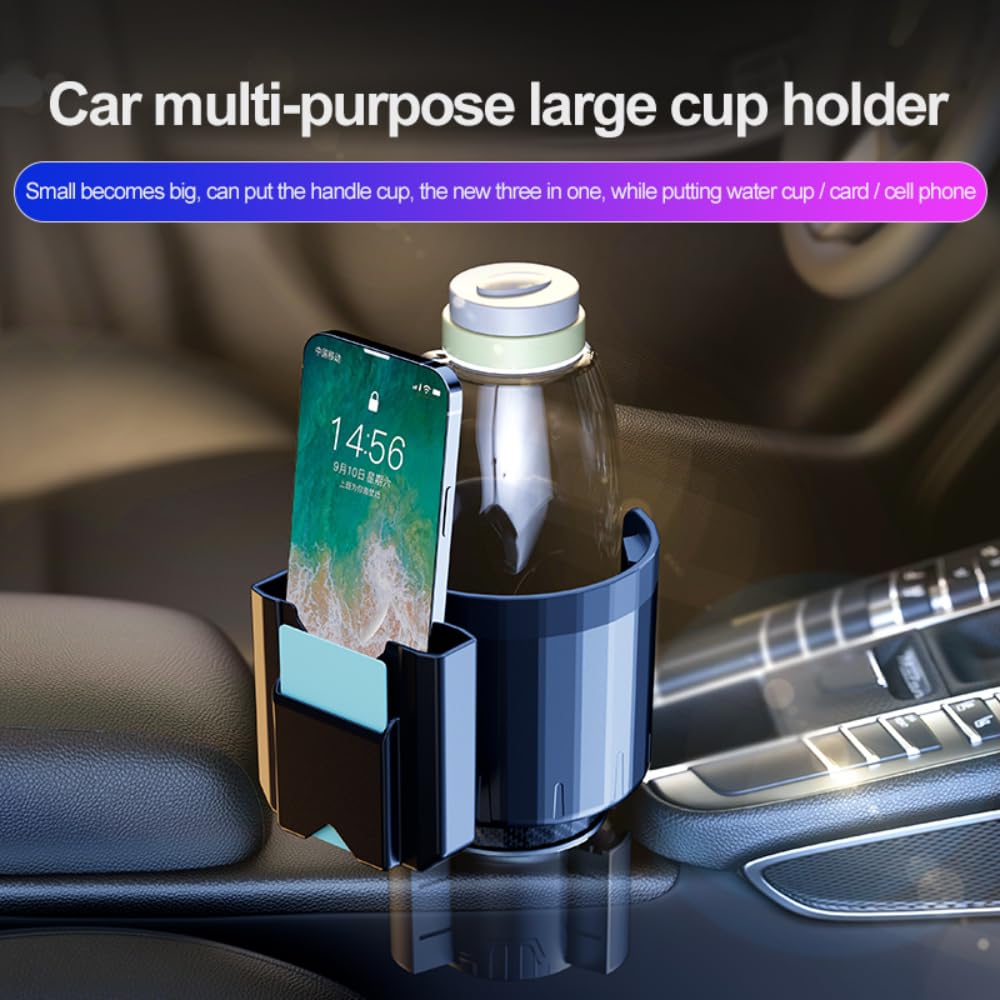 Cup Holder Extender for Car - 3-in-1 Car Cup Holder Expander Adapter with Phone Holder and Card Organizer, Expandable Cup Holder for Car, for Large 32/40 Oz Bottles, Big Drinks, Mugs