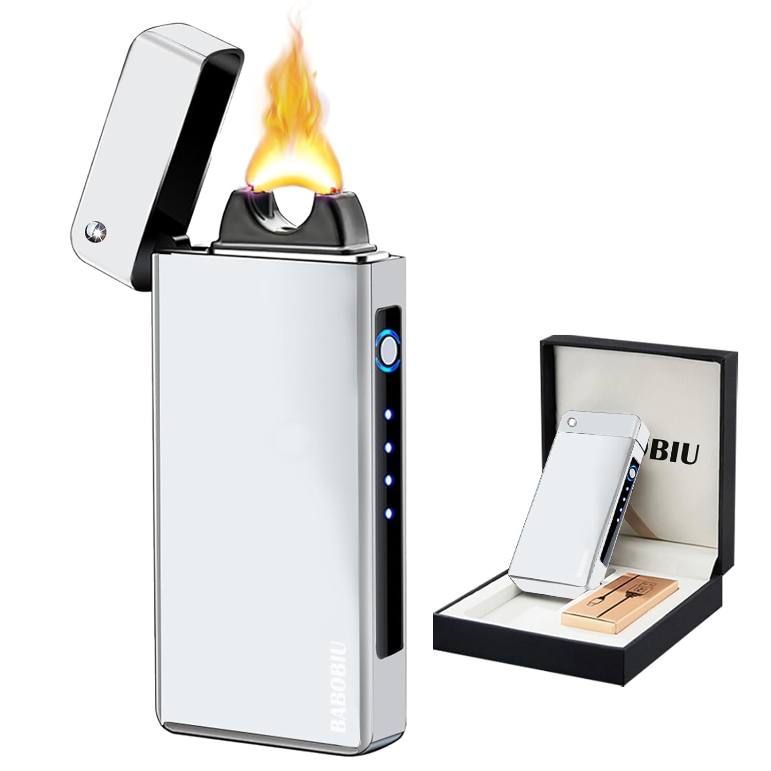 BABOBIU Candle Lighter Rechargeable USB Plasma Lighter Outdoor Windproof Arc Lighter Projectable Lighter Gift Box (Silver)