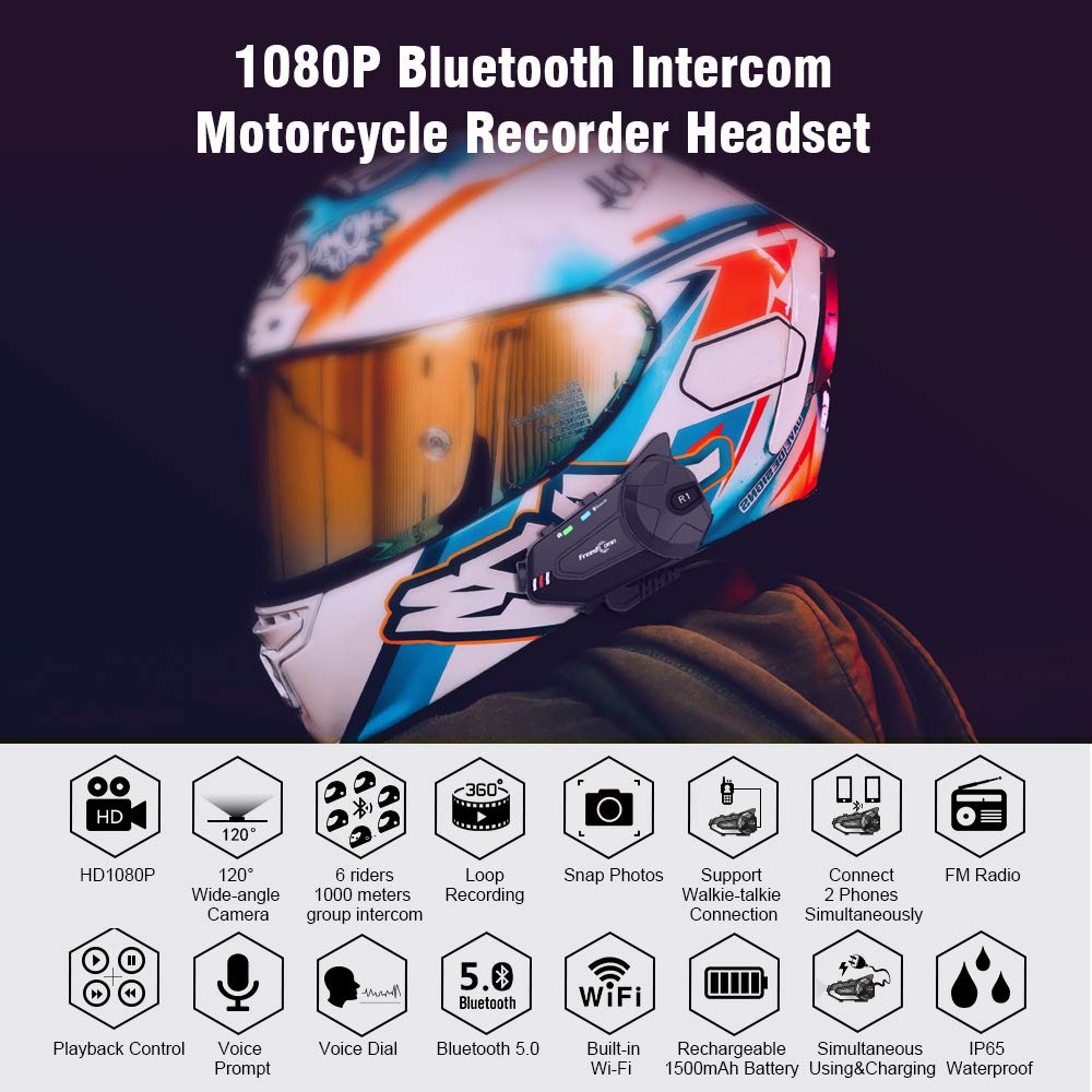 Motorcycle Helmet Headset FreedConn R1plus Bluetooth Intercom with 1080P Camera FM Radio 1000M 6 Riders Waterproof Wireless Communication Sysstems for Half- face & 3/4- face Helmet