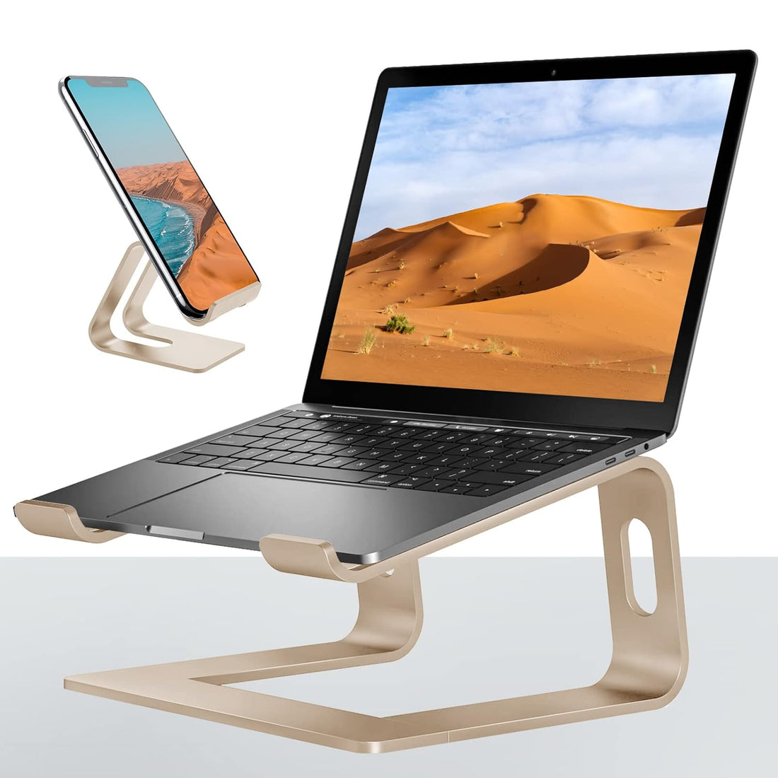 VOCOFO Laptop Stand for Desk Aluminum Laptop Riser Holder,with Cell Phone Stand(Gold)