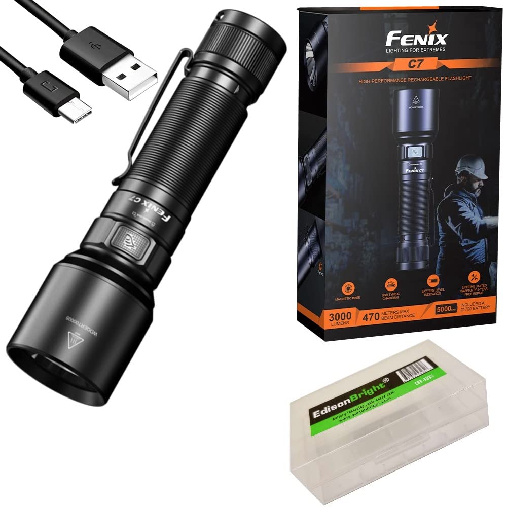 Fenix C7 3000 Lumens Magnetic Base, USB Rechargeable Flashlight with Edisonbright Battery Carrying case