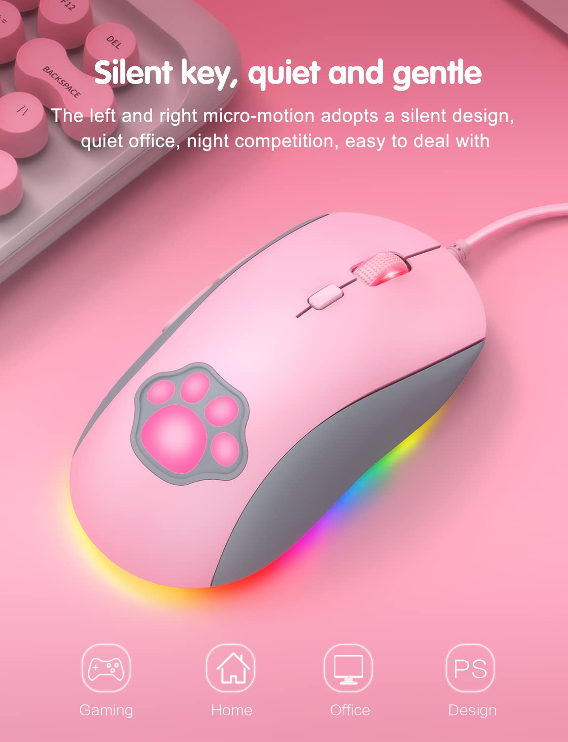 PHNIXGAM Cat Paw RGB Gaming Mouse, Silent Optical Computer Mice USB Wired with 6 Adjustable DPI Up to 7200, RGB Lighting, 6 Programmable Buttons for Windows/Vista/Linux (Pink)