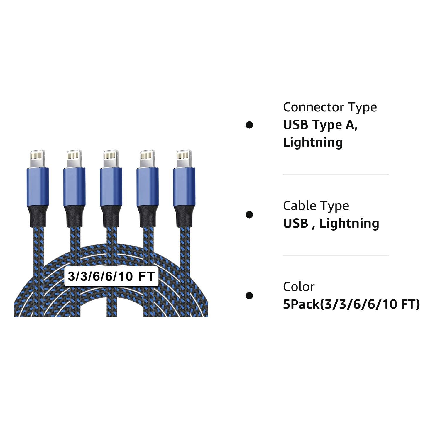 WACAUR [Apple MFi Certified] 5Pack(3/3/6/6/10ft)Nylon Braided iPhone Charger Lightning Cable Fast Charging&Syncing Long Cord Compatible iPhone 12/11Pro Max/11Pro/11/XS/Max/XR/X/8/8P/7 More-Black&Blue