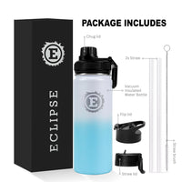 Eclipse 22oz Vacuum Insulated Stainless Steel Water Bottle | 3 Interchangeable Lids - Straw, Flip & Chug Lid | Leakproof and Sweat-Proof - Perfect for Gym Hiking & Travel - Sunrise- 22oz