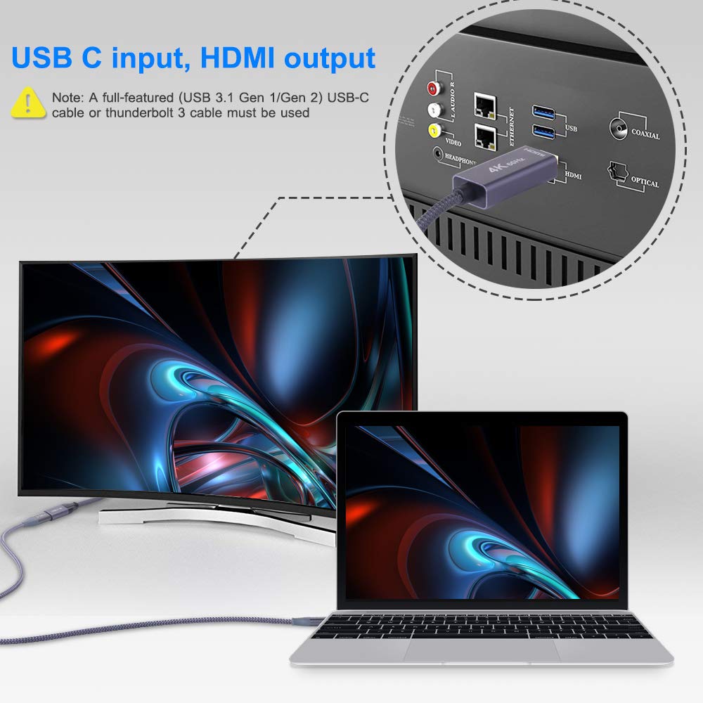 USB-C Female to HDMI Male Cable Adapter,USB Type C 3.1 Input to HDMI Ouput Converter,4K 60Hz USBC Thunderbolt 3 Adapter MacBook Pro,Mac Air,Chromebook Pixel and More (Gray)