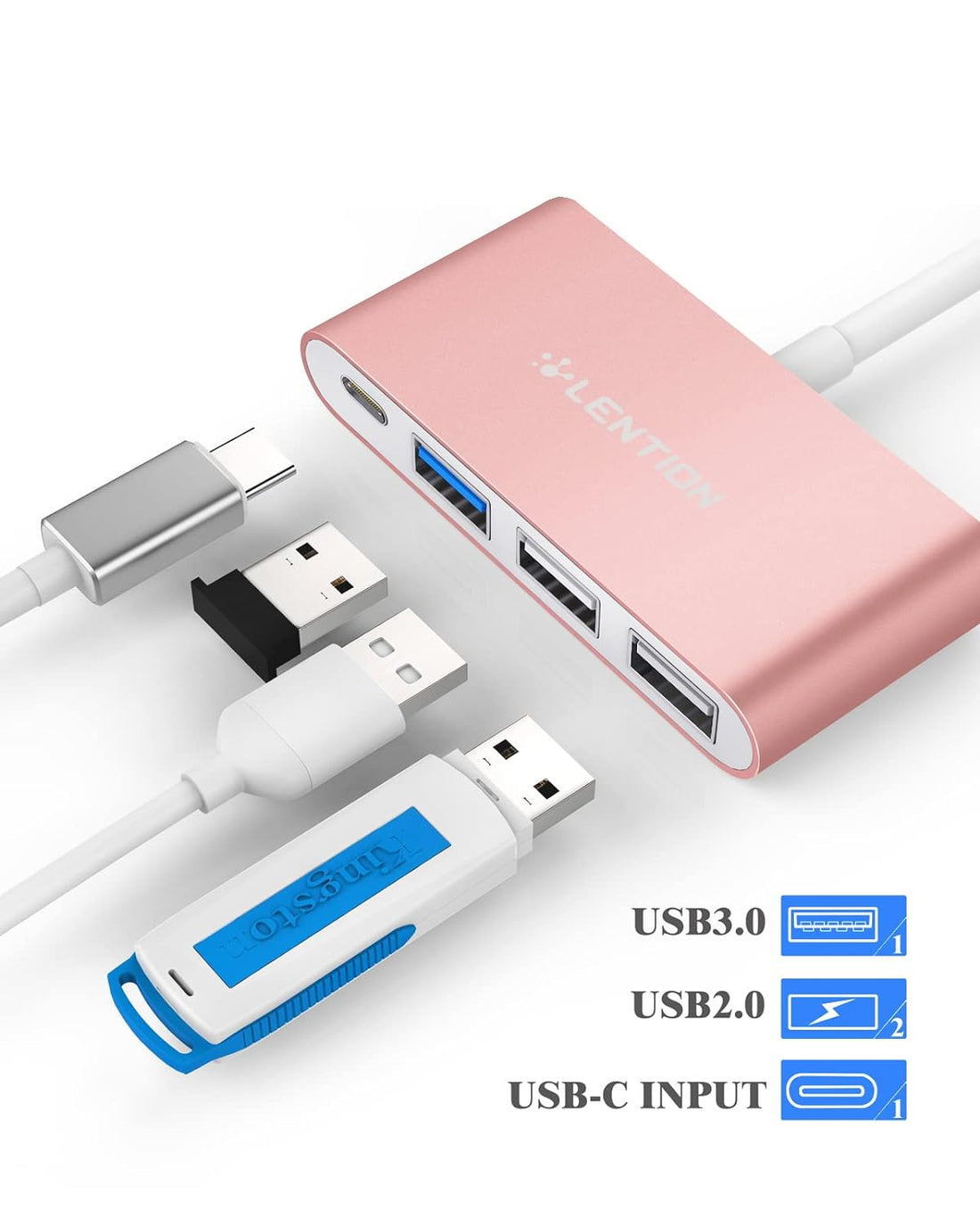 LENTION 4-in-1 USB-C Hub with Type C USB 3.0 USB 2.0 Ports for New Apple MacBook 12 New MacBook Pro 13 15 ChromeBook Pixel and More Multi-Port Charging Connecting Adapter - Rose Gold