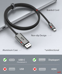 Uni Usb C To Displayport (4K@60Hz), Thunderbolt 3 Cable For Monitor, Tablet, Personal Computer, Laptop, Television, Smartphone - Grey, 6Ft, Not Hdmi