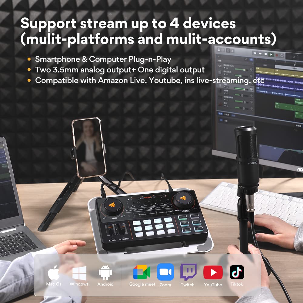 Podcast Equipment Bundle-MAONO MaonoCaster Lite -Audio Interface-All in One-Podcast Production Studio with 3.5mm Microphone for Live Streaming, Podcast Recording, PC, Smartphone AU-AM200-S2