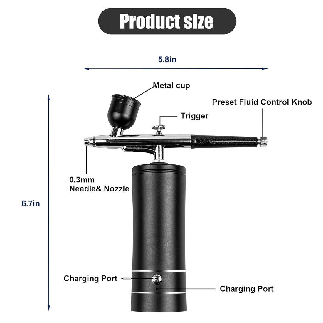 Esakoya Airbrush Kit Rechargeable Cordless Airbrush Compressor, 30PSI High Pressure, Portable Handheld Airbrush Gun with 0.3mm Nozzle and Cleaning Brush Set for Makeup, Barber, Nail Art, Cake Decor