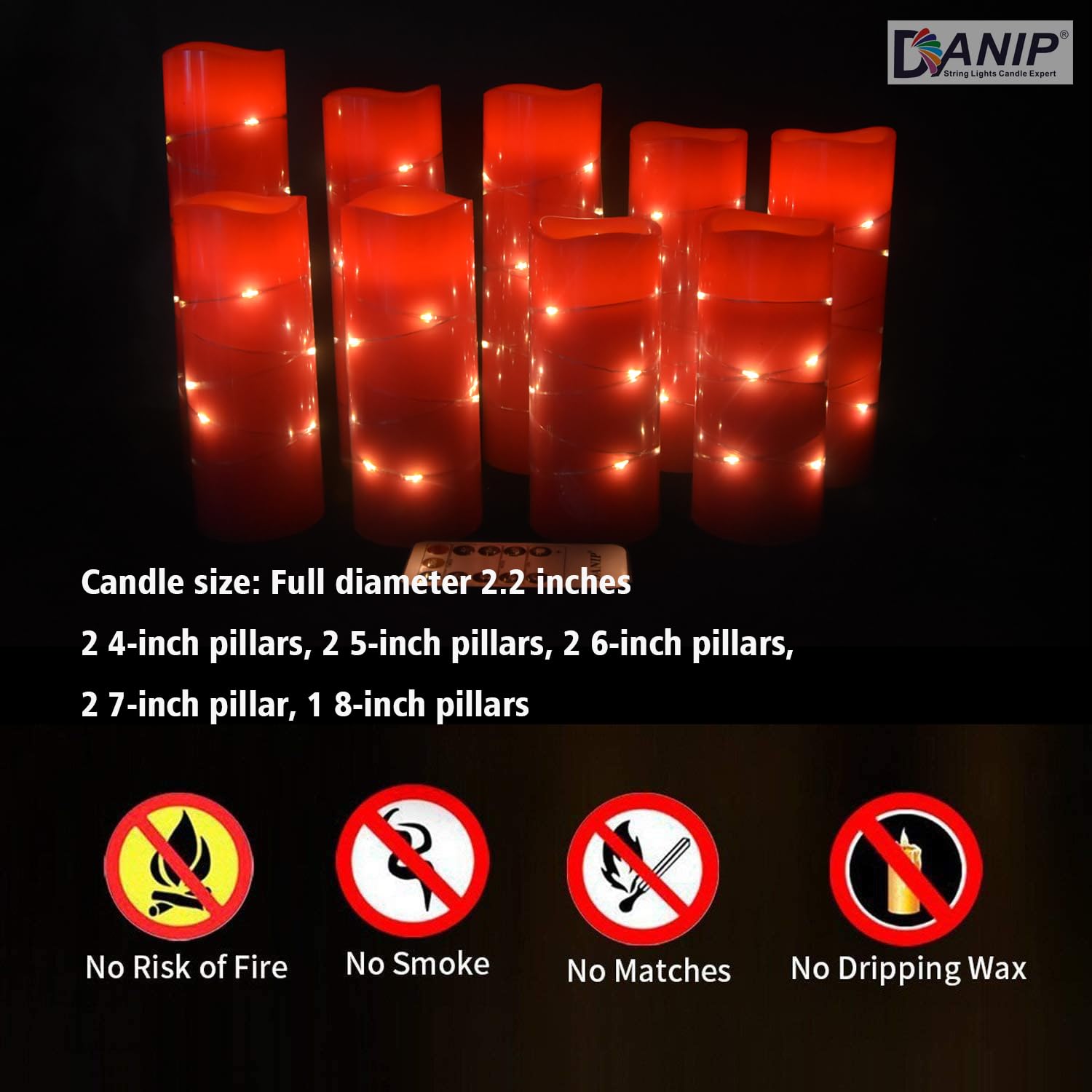 DANIP red flameless Candle, Built-in Star Cluster, 9 LED Candles, 11 Button Remote Control, 24-Hour Cycle Timer, Flashing Flame, Real Wax, Battery Powered. (Starry Sky Series)
